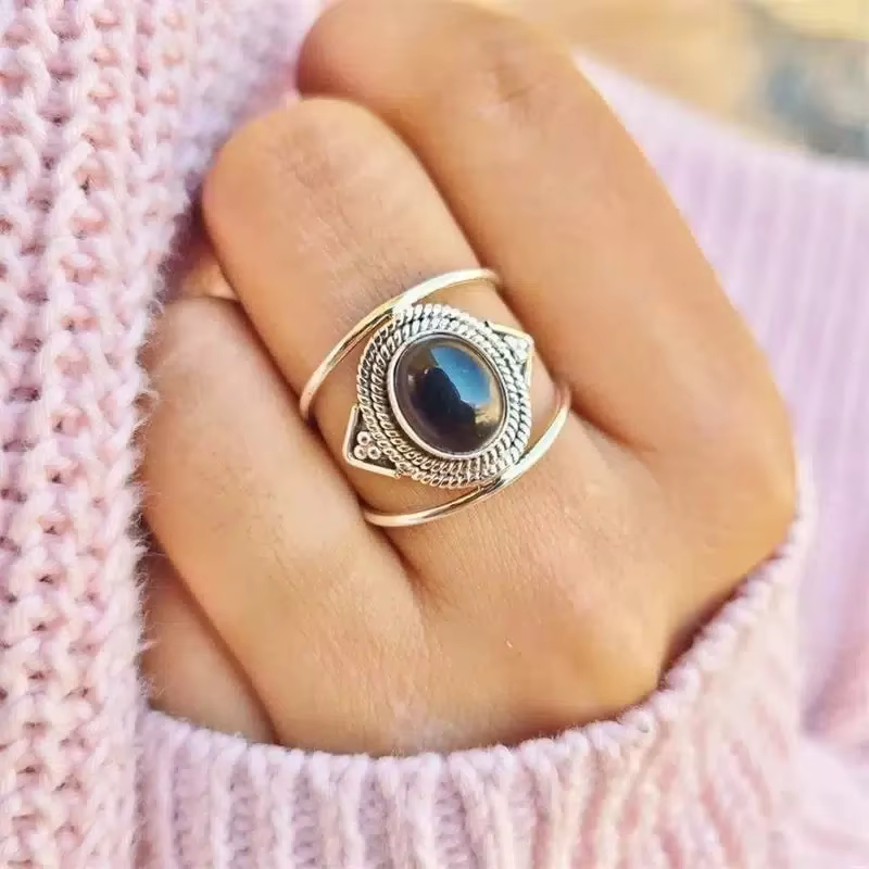 Huitan – bague ovale en Imitation opale pour femmes, Style bohémien, blanc/noir, accessoires de mari