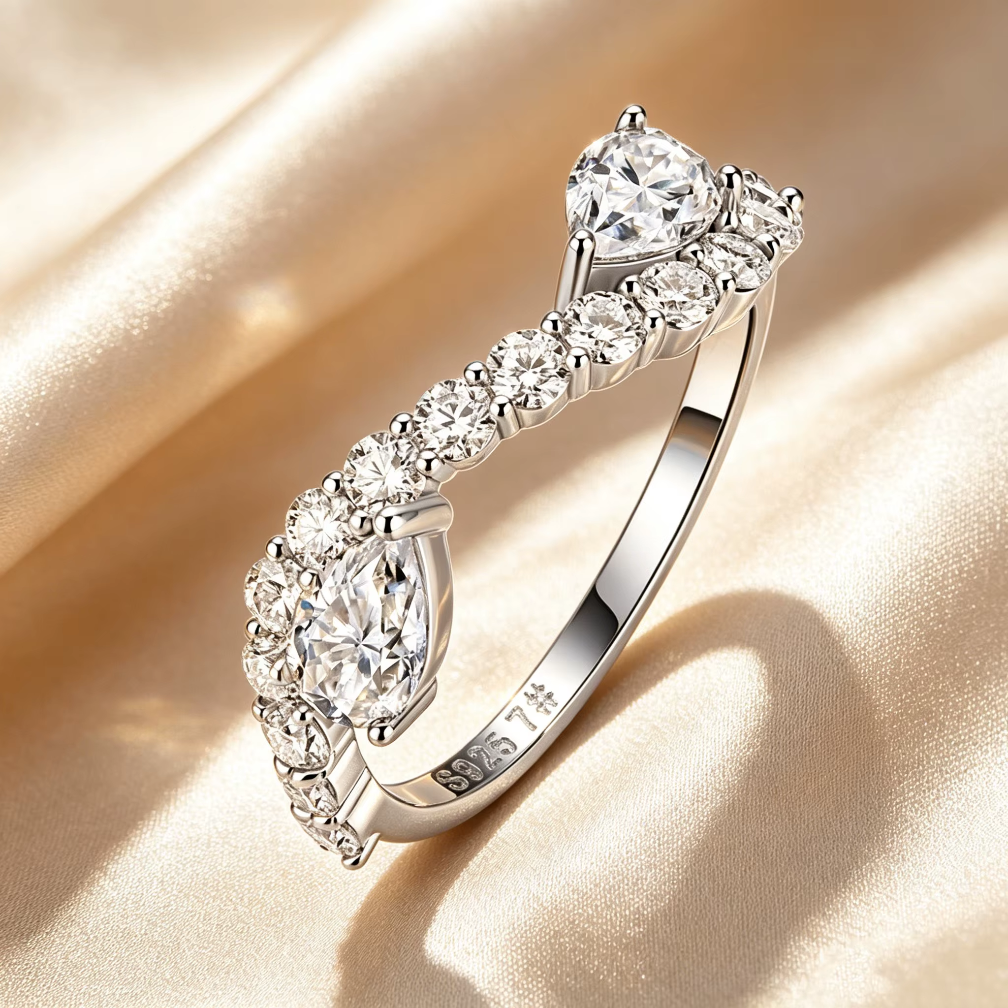 Bague en argent sterling 925 avec moissanite en forme de goutte d'eau, double rangée de pierres, bij