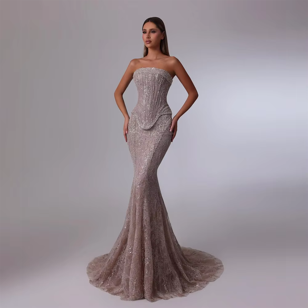 Robe de soirée de luxe pour femmes de dubaï, personnalisée, perles de cristal, sans bretelles, dente