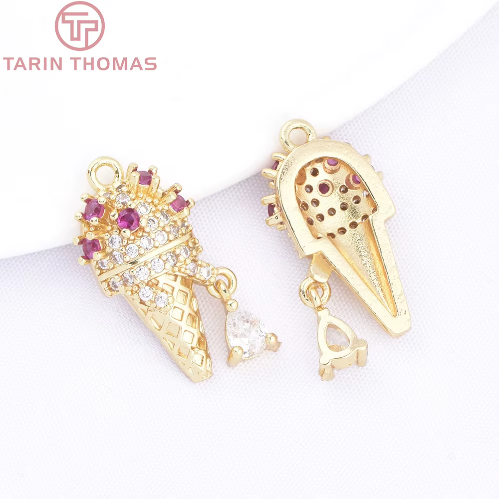 (10079) 6 pièces 10x18.5MM 18K couleur or laiton avec Zircon pendentifs en forme de crème glacée de 
