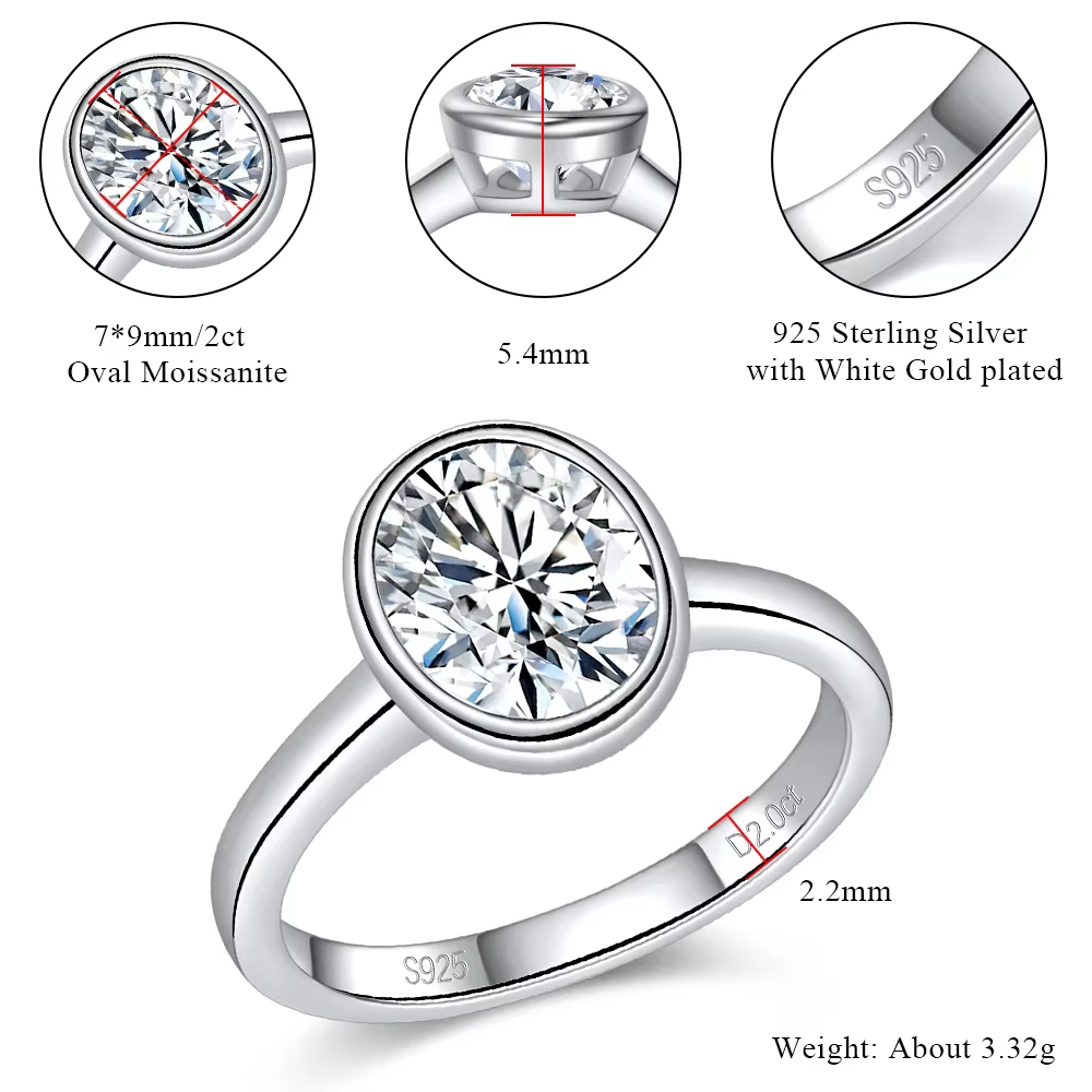 Bague Solitaire Ovale en Moissanite Plaqué Or Blanc Argent S925 LinkerLove, Sertie de Diamants 2CT, 
