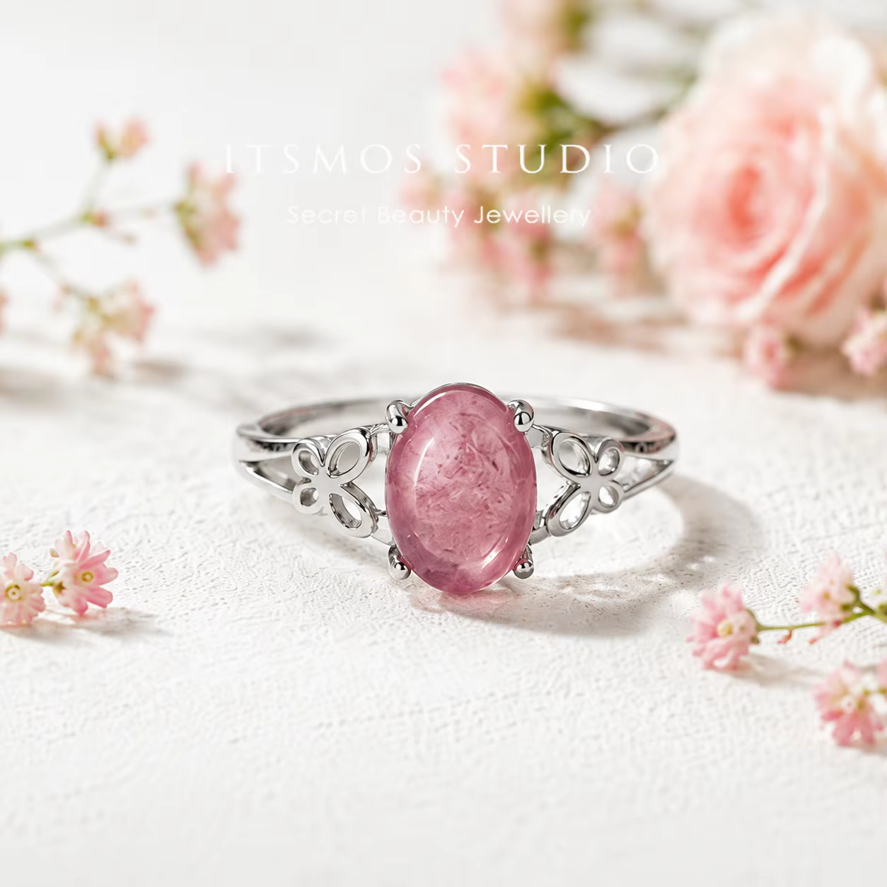 ITSMOS Bague en Quartz Rose Pierre d'Amour Naturelle Papillon Guérison Émotionnelle Coquette Pierre 
