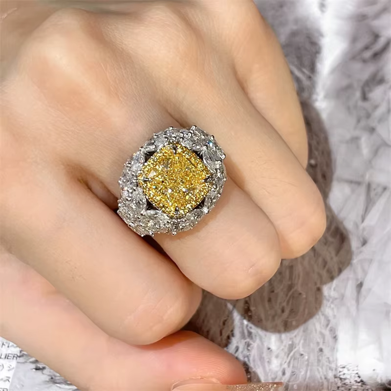 Bagues carrées jaunes en pierres précieuses pour femmes, luxueuses, plein de diamants, argent 925, b