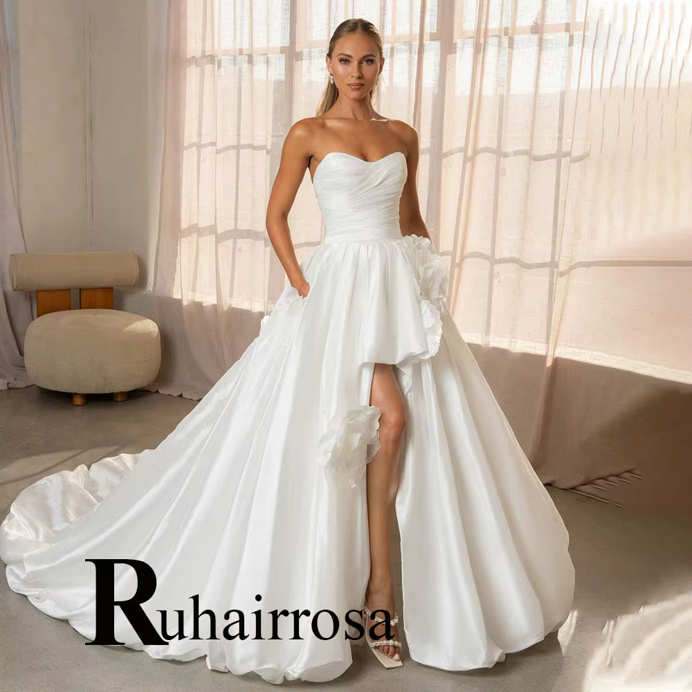 Ruhair – robe de mariée fantaisie pour femmes, avec fleurs 3D, fente plissée, boutons, sans manches,