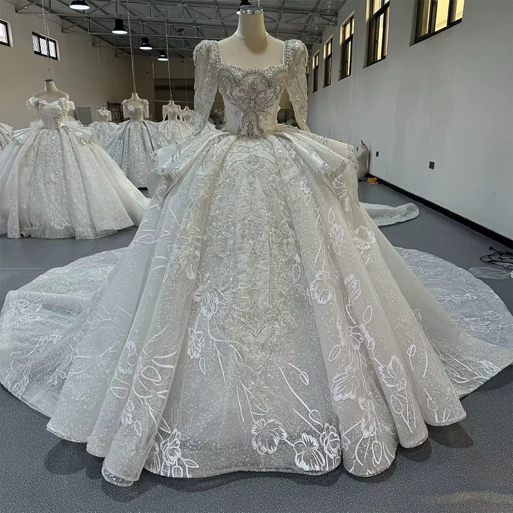 Robes de mariée 2026 pour femmes, col carré, robes de mariée personnalisées, manches longues, paille