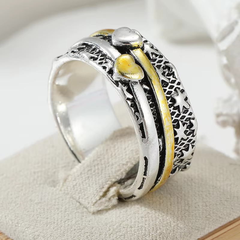Bague vintage pour femme, sculptée à la main en forme de cœur, bijou ethnique en métal bicolore, géo