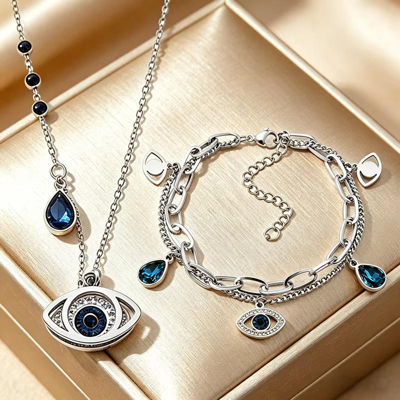 Ensemble de bijoux Evil Eye pour femmes, collier et bracelet en acier inoxydable avec cristal bleu, 