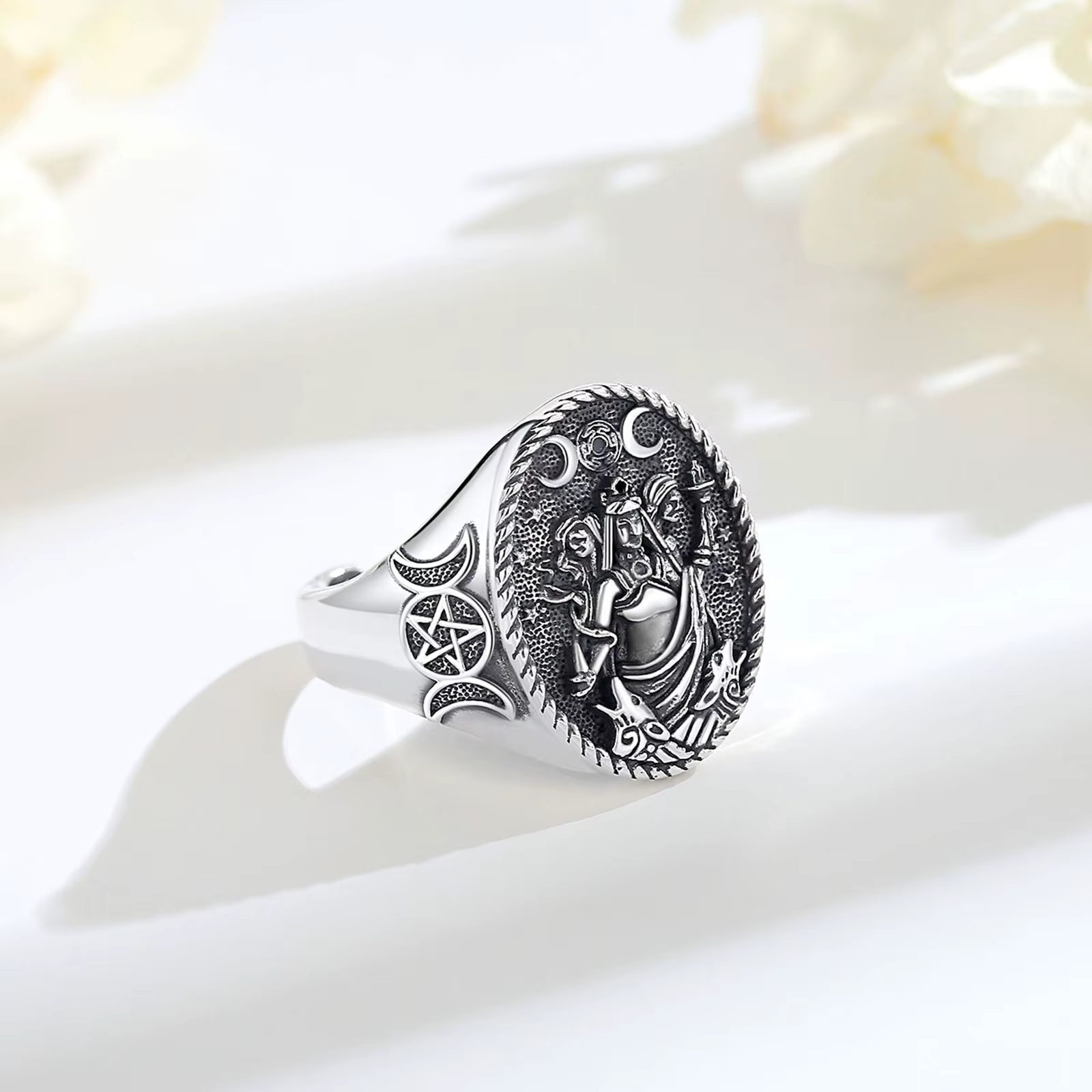 Eudora 925 argent Sterling Triple déesse de la lune anneau réglable chien Hecate amulette anneau Tri