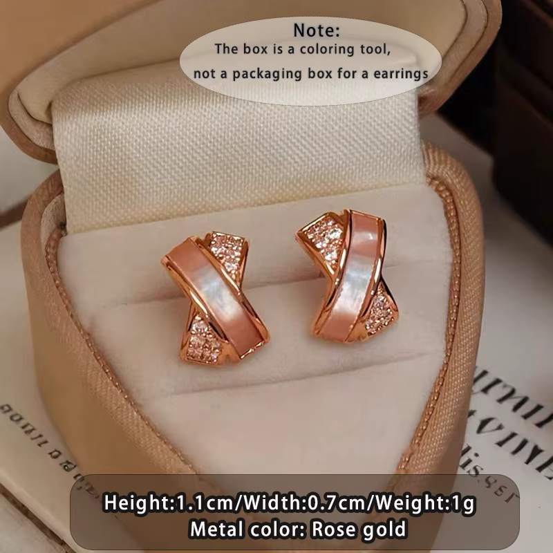 Boucles d'oreilles miniatures en métal couleur or rose avec zircon en forme de coquille entrecroisée