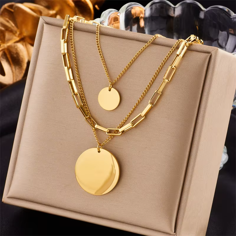 DIEYURO 316L acier inoxydable couleur or 3in1 pendentif rond collier pour femmes mode filles multico
