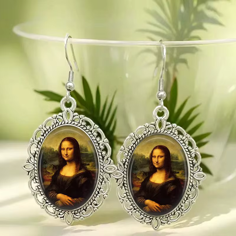 Boucles d'oreilles rétro Da Vinci Mona Lisa en verre, pendentif ovale en argent antique, bijoux pour