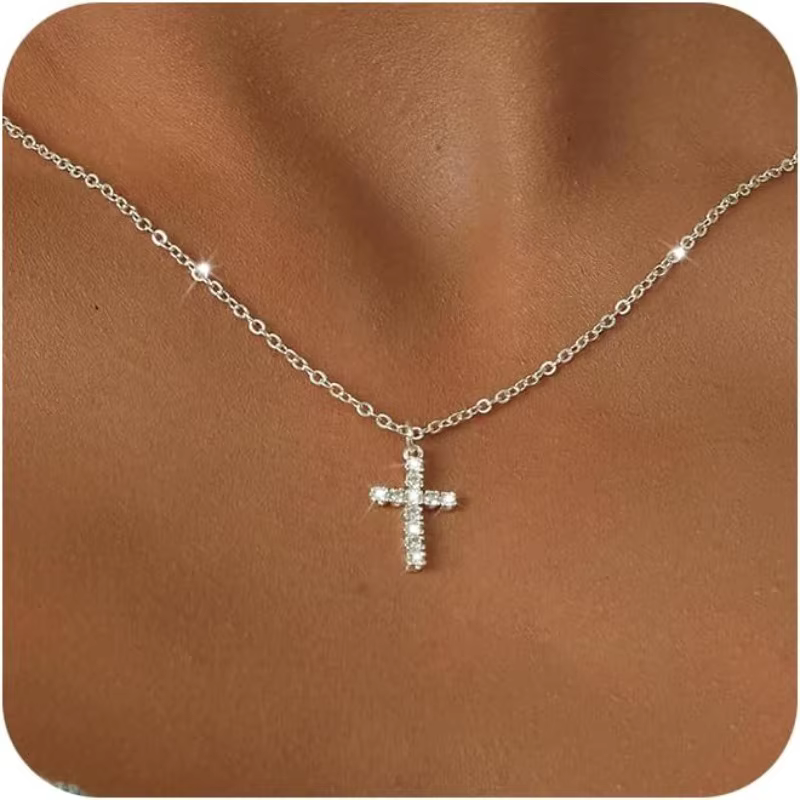 Collier croix pour femme - Pendentif croix délicat et simple plaqué or 14 carats/argent sterling, co