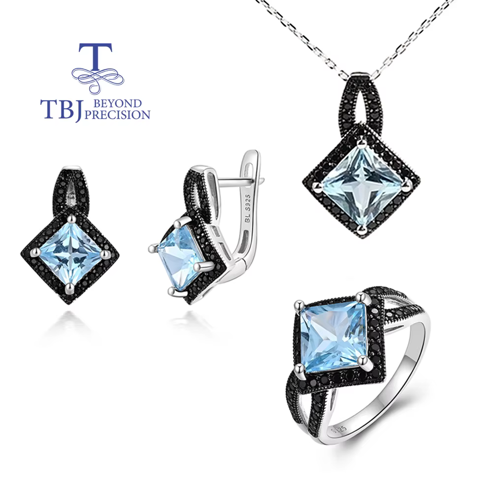 Bague en argent 925, boucles d'oreilles, pendentif, collier, topaze bleu ciel naturelle, véritable p
