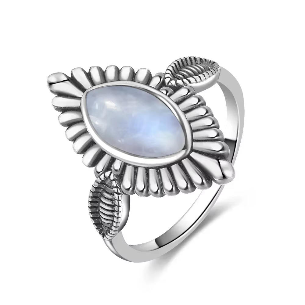Bague Vintage en argent 925, pierre de lune naturelle, fleur, forme d'oeil creux, ronde, soleil et l