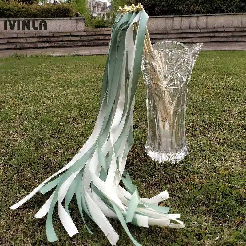 Baguettes de sauge vert herbe et ruban de mariage blanc, 50 pièces/lot