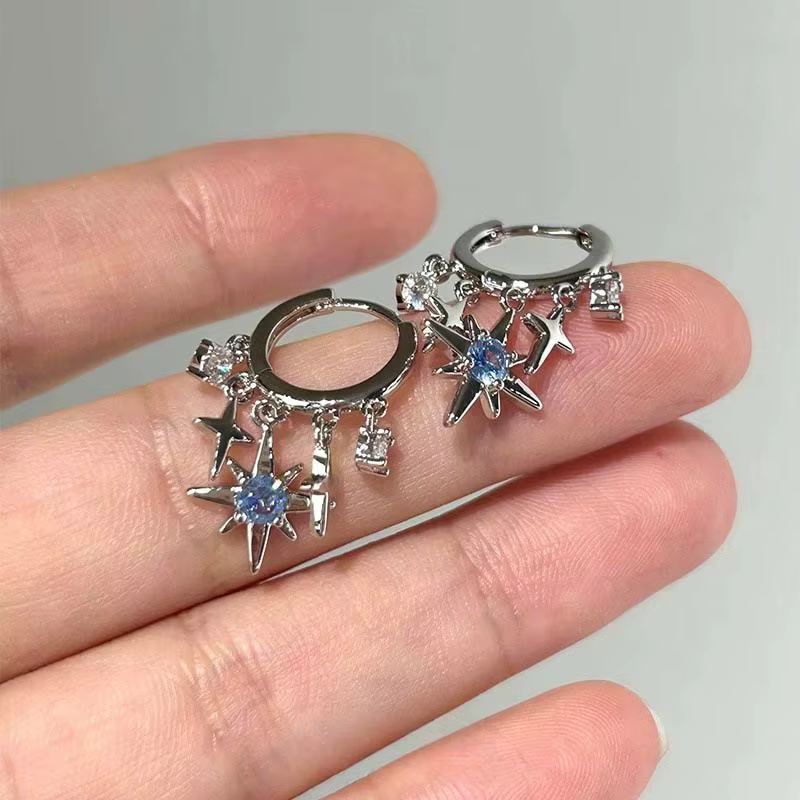 Boucles d'oreilles avec pompon étoile en Zircon bleu Y2K pour femmes et hommes, couleur argent, bouc