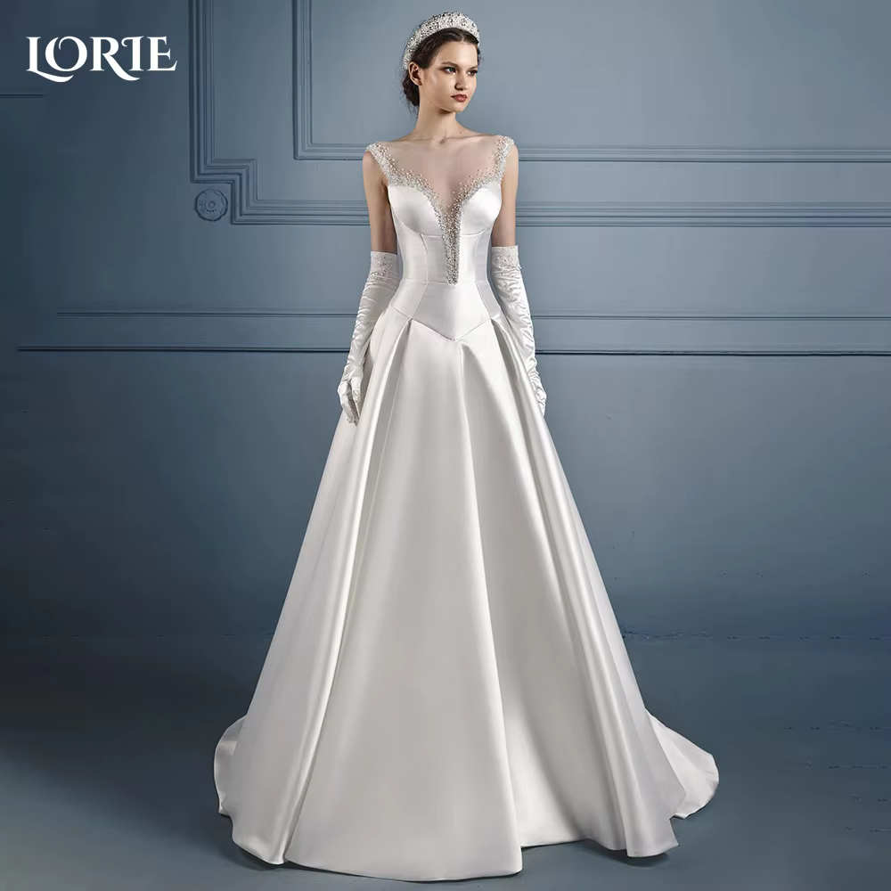 LORIE Vintage robes de mariée Spaghetti perles brillant Satin a-ligne ivoire robe de mariée col haut