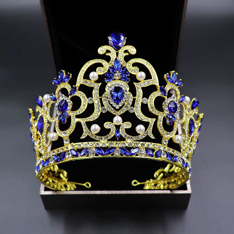 Couronne de diadème de perles de cristal baroques vintage, grand diadème, reine, roi, bijoux de tête