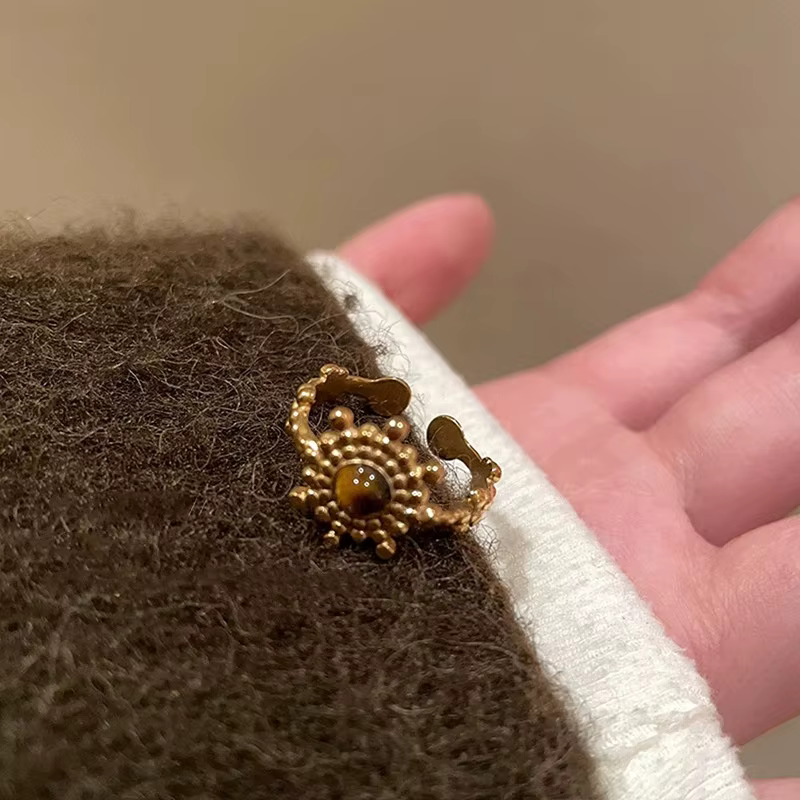 Bague ouverte élégante en œil de tigre serpentin pour femme, bague de doigt vintage dorée détaillée,