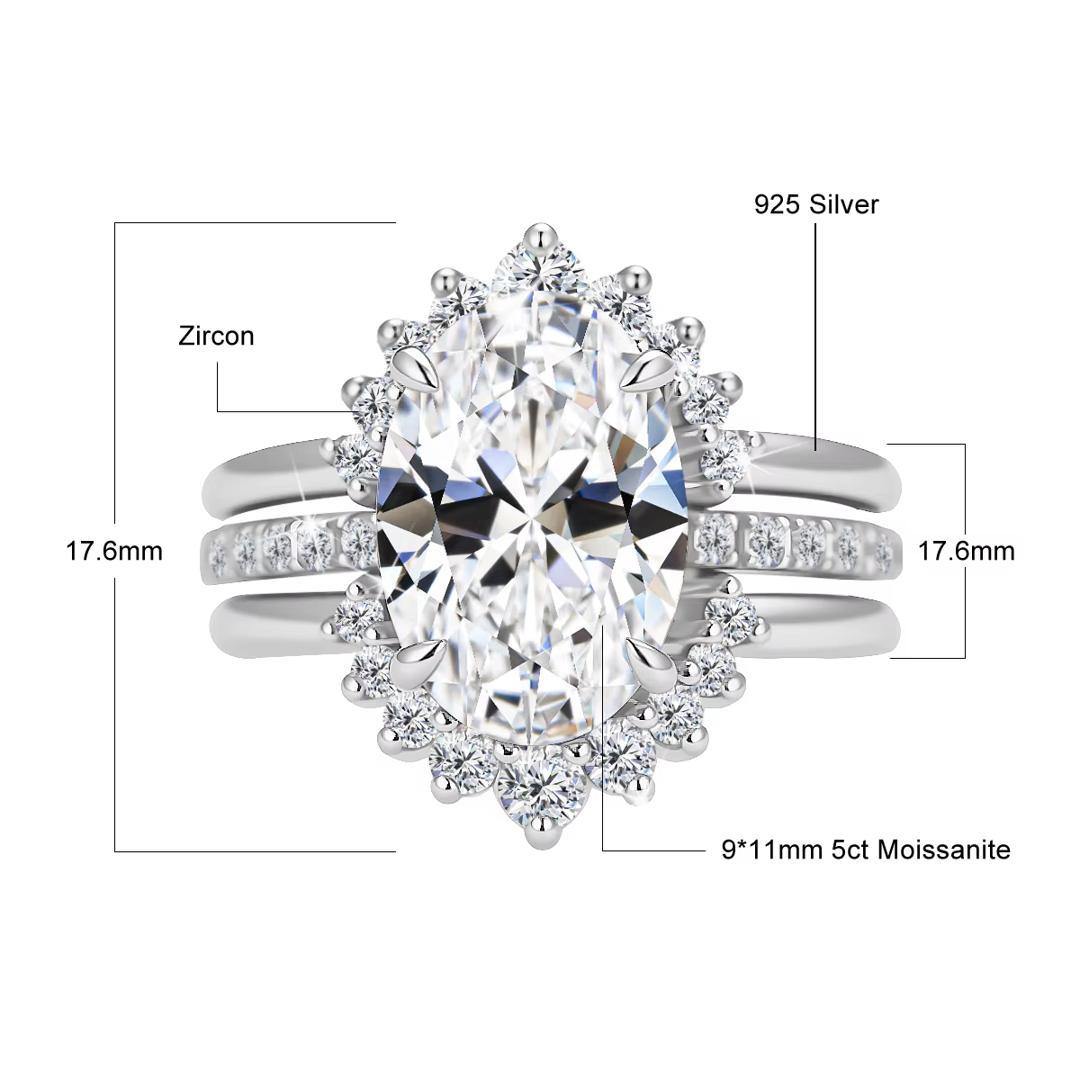 Ensemble de bagues empilables 3 pièces en or 14K avec halo de moissanite ovale 5 carats Au585, ensem