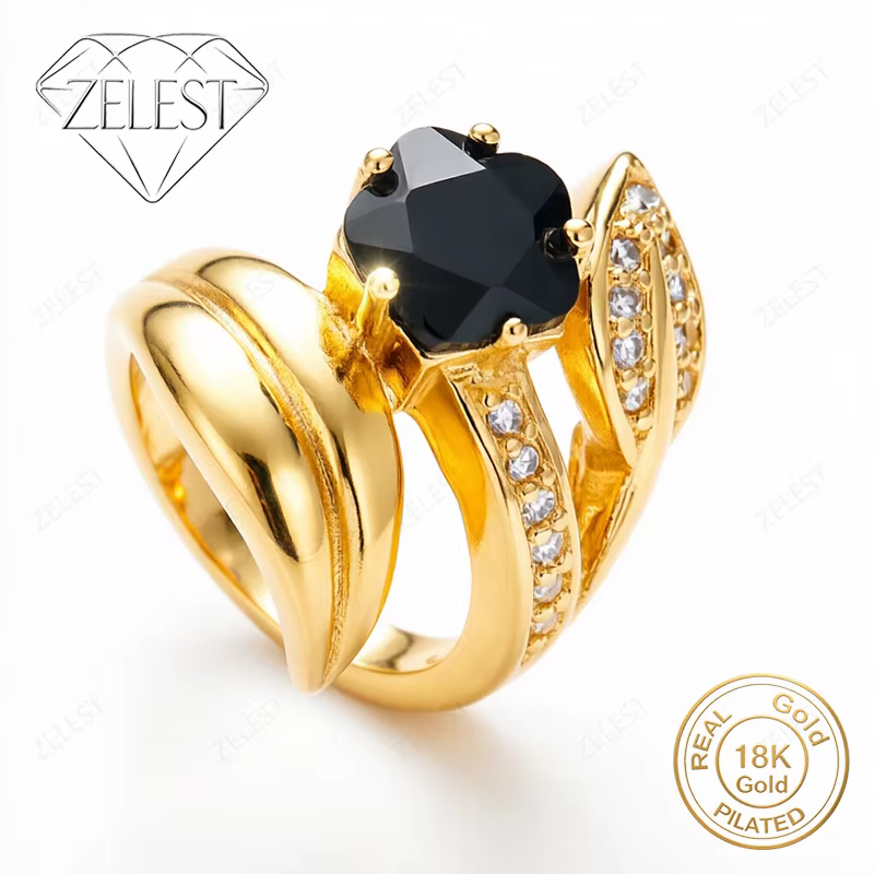 Bague en argent sterling 925 plaqué or 18 carats avec zircon noir exquis pour femme - Accessoires de