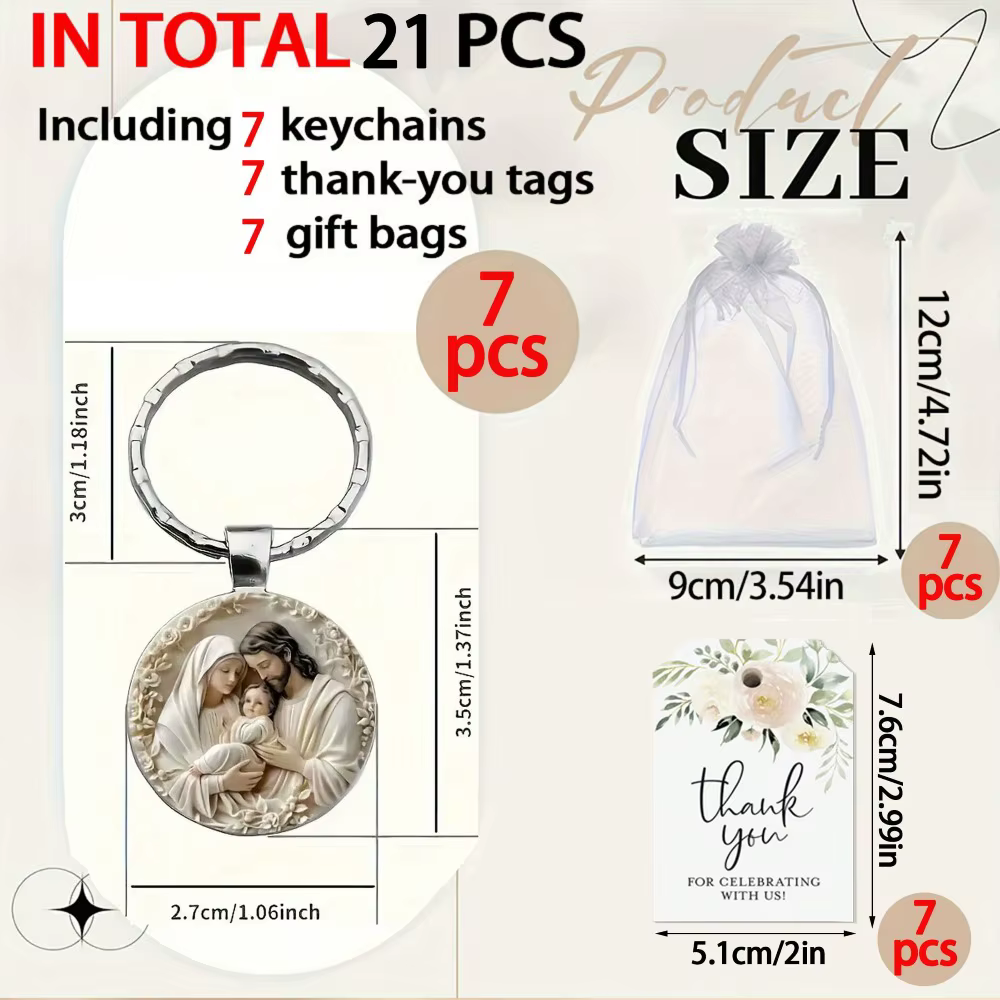 7/10/12 Ensembles de porte-clés Famille Sainte, porte-clés plats 2D avec sacs en organza et étiquett