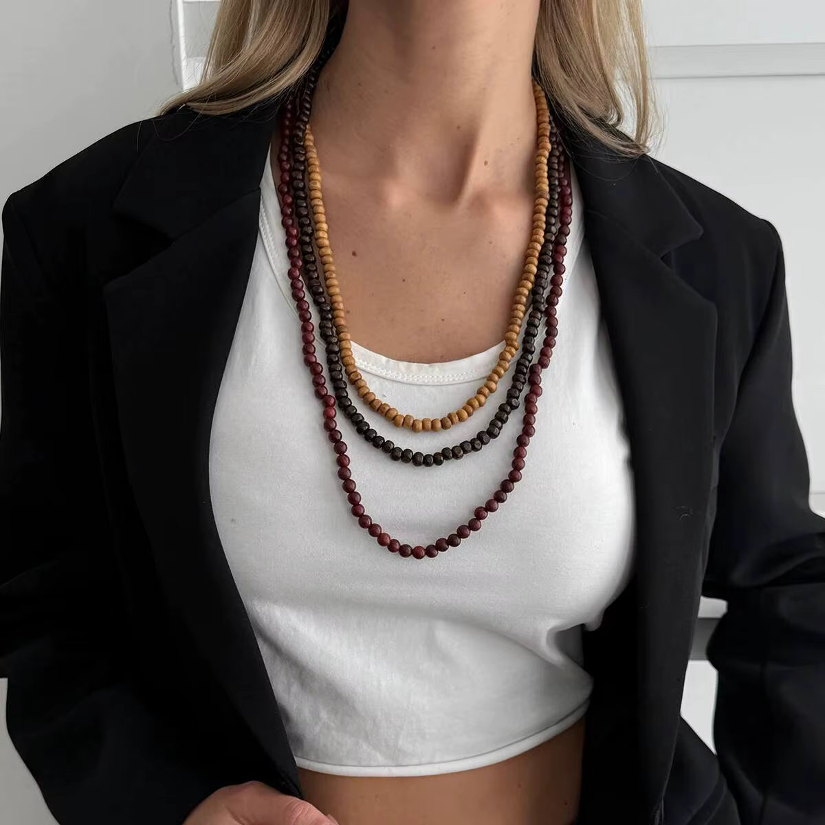 Salircon ​ Collier ras du cou bohémien multicouche en perles de bois pour femmes, longue chaîne de p