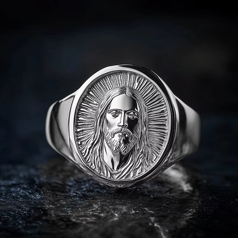 Bague argentée Jésus, bague chevalière Jésus, bague religieuse argentée pour hommes, bijoux chrétien