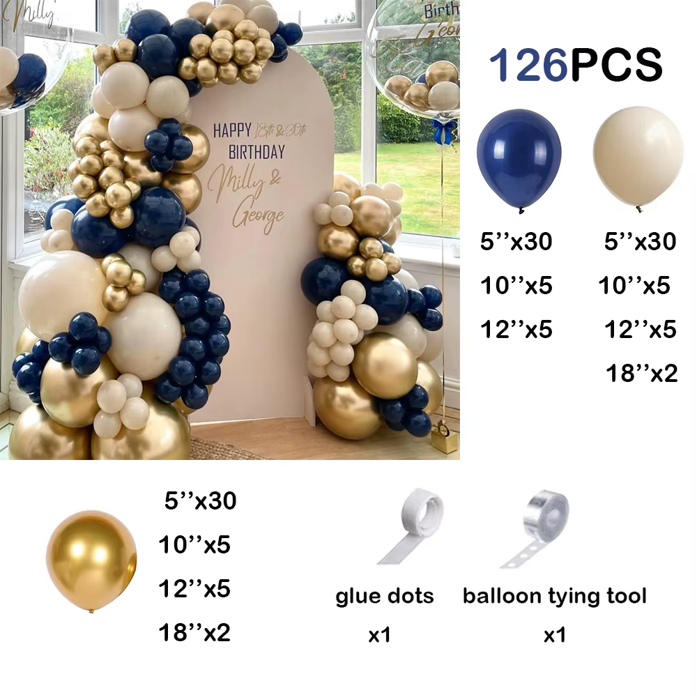 Kit de guirlande en arc de ballons bleu marine, sable blanc, ballons métalliques dorés, décoration d