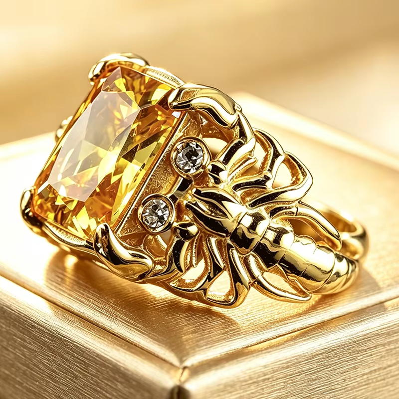 Bague Scorpion Vintage pour Homme, Grande Bague Carrée en Cristal Citrine, Bijou de Doigt Gothique e