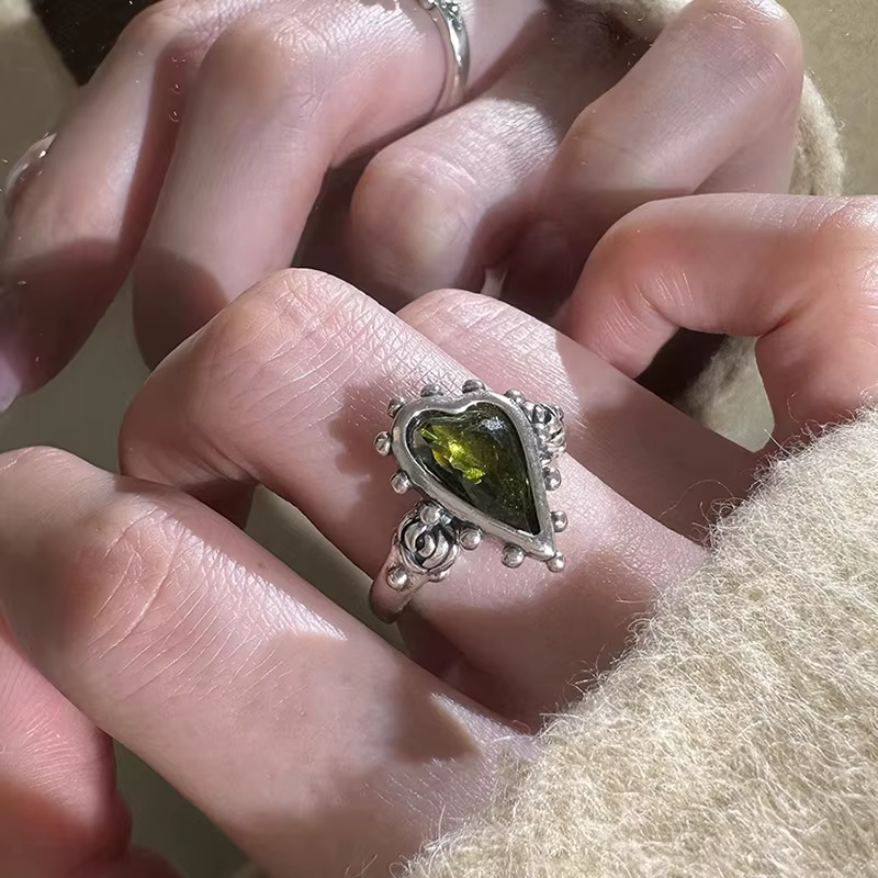 ANENJERY – bague ouverte en perles de Zircon pour femmes et filles, cœur vert, Vintage, français, dé