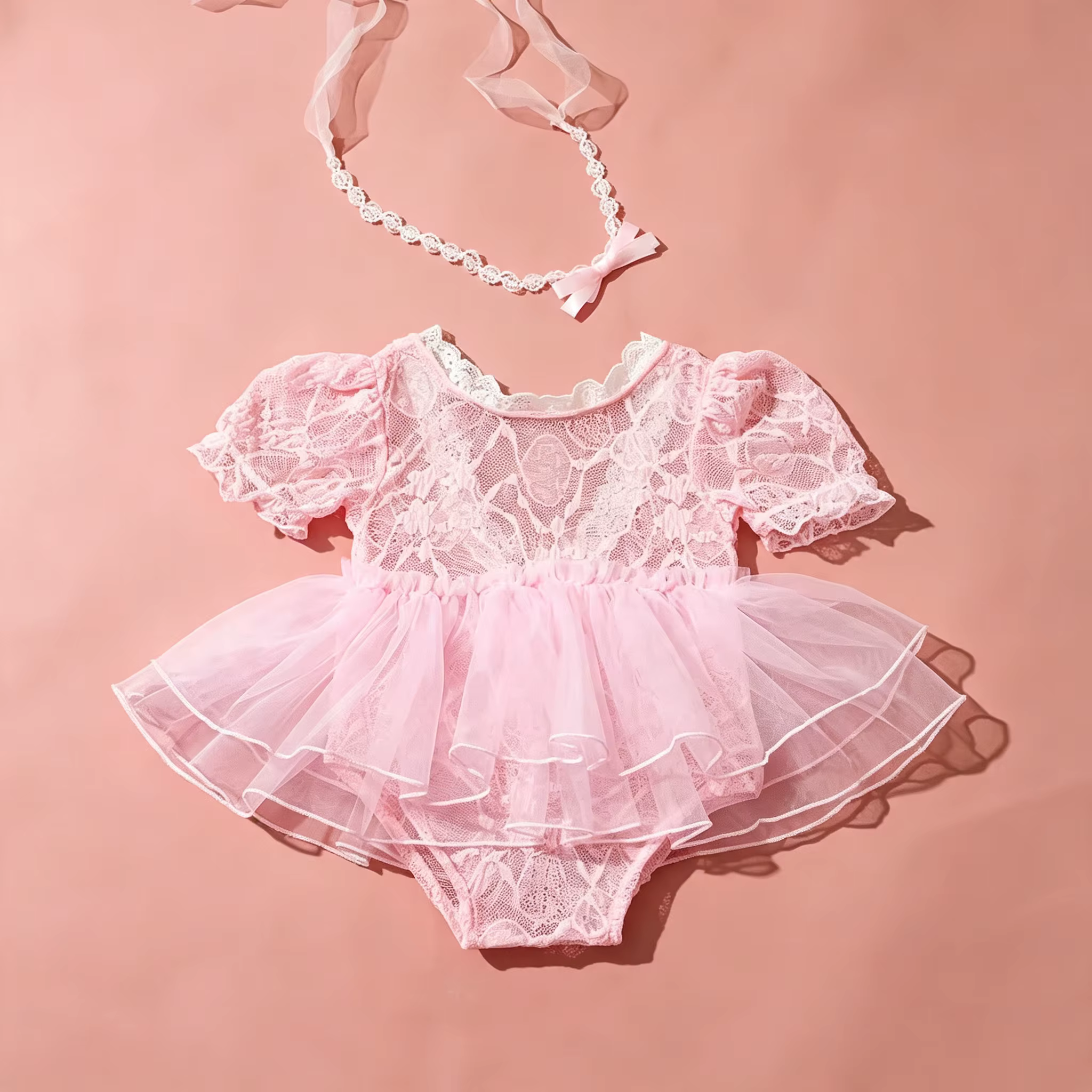 Tenue de photographie pour nouveau-né fille : Barboteuse tutu rose en dentelle avec bandeau à nœud, 