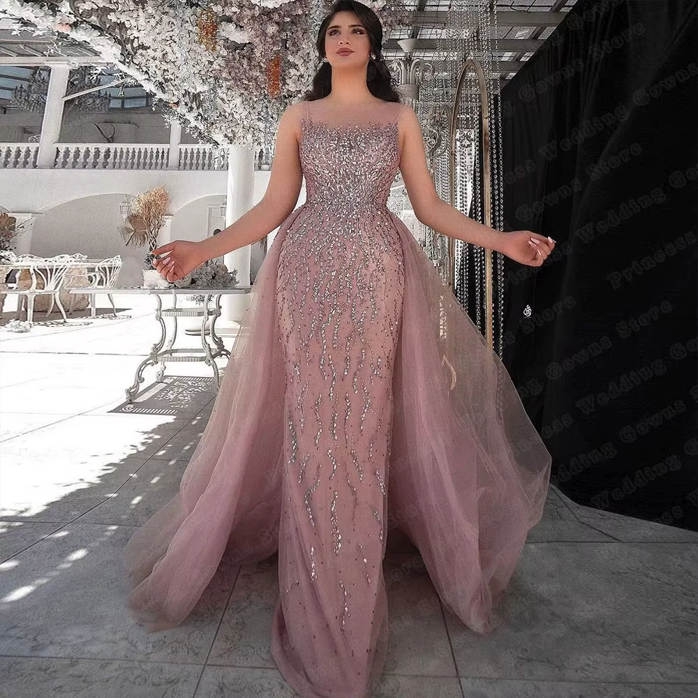 Robe de soirée de mariage formelle en Tulle rose, personnalisée, dubaï, sans manches, avec traîne dé