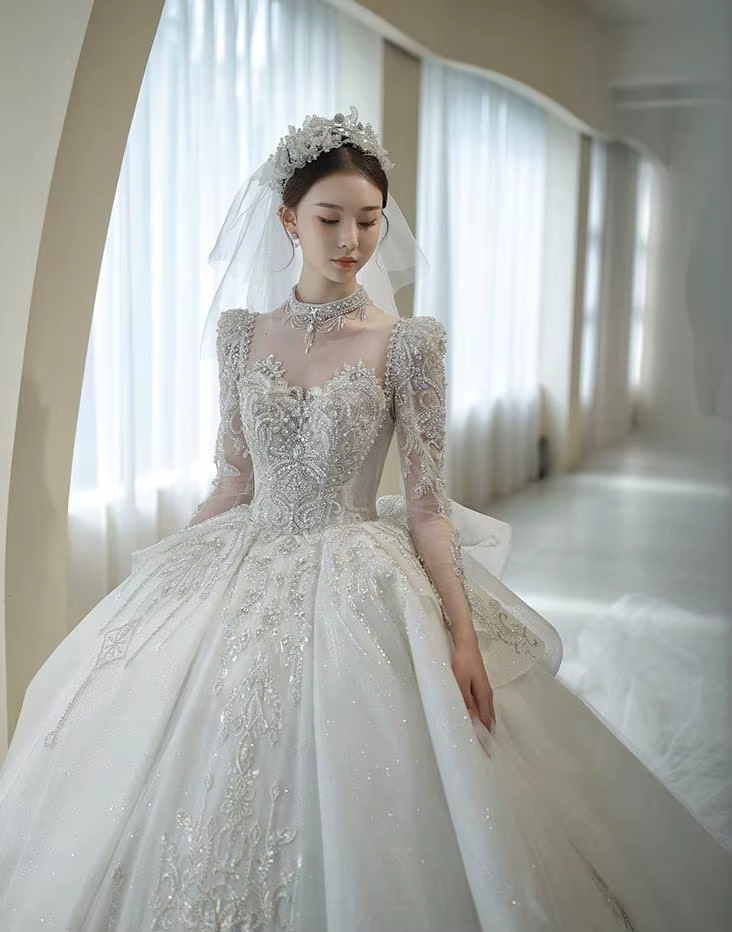 Robe de Mariée Légère à Manches sulf, Luxe, Style Palais, Ciel Étoilé, Diamants Brillants, Haut de G