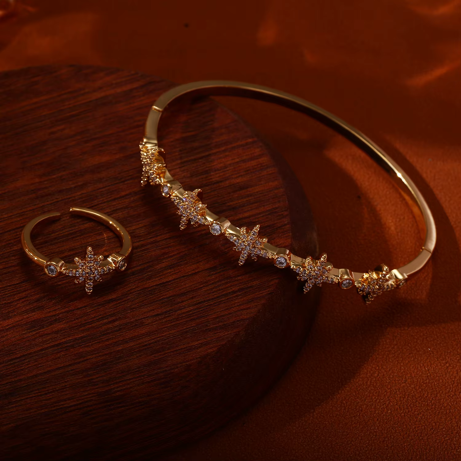 Ensemble de bagues et bracelets ajustables en zircon plaqué or pour femme, motif étoile, style minim