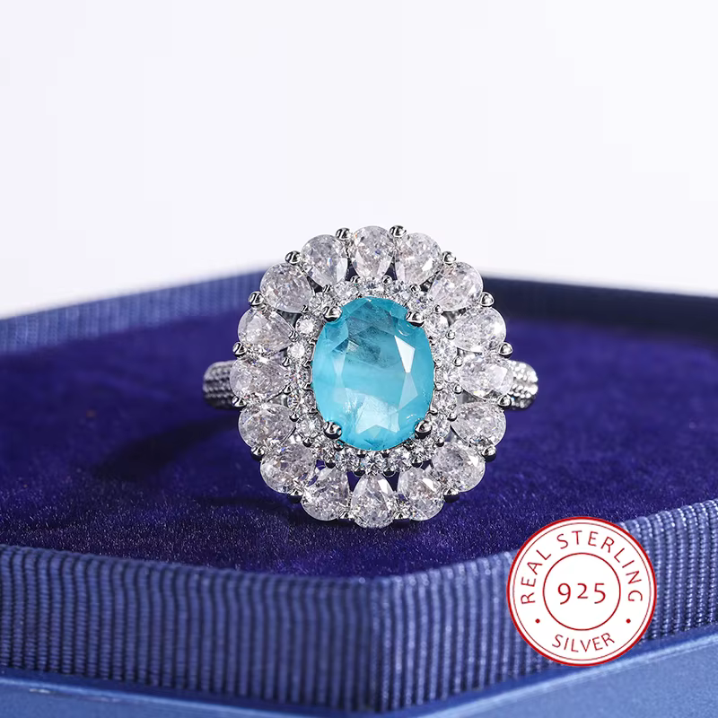 Bague de Couple plaquée argent 925 pour femmes, luxueuse fleur de saphir Paraiba, zircone géométriqu