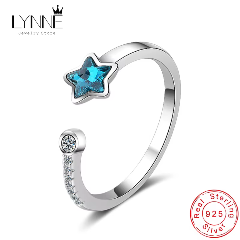 Bague réglable en argent regardé 925 pour femme et fille, bague en biscuits, bleu de mer, étoile, cr