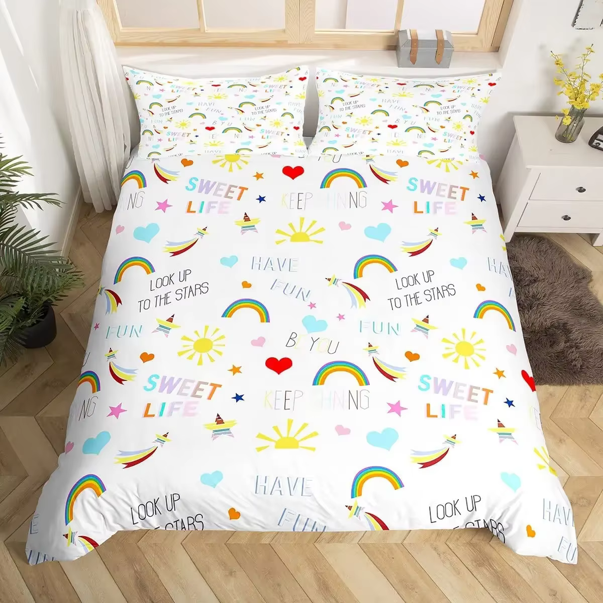 Parure de lit arc-en-ciel de dessin animé, ensemble de housse de couette Simple imprimé en 3D pour d