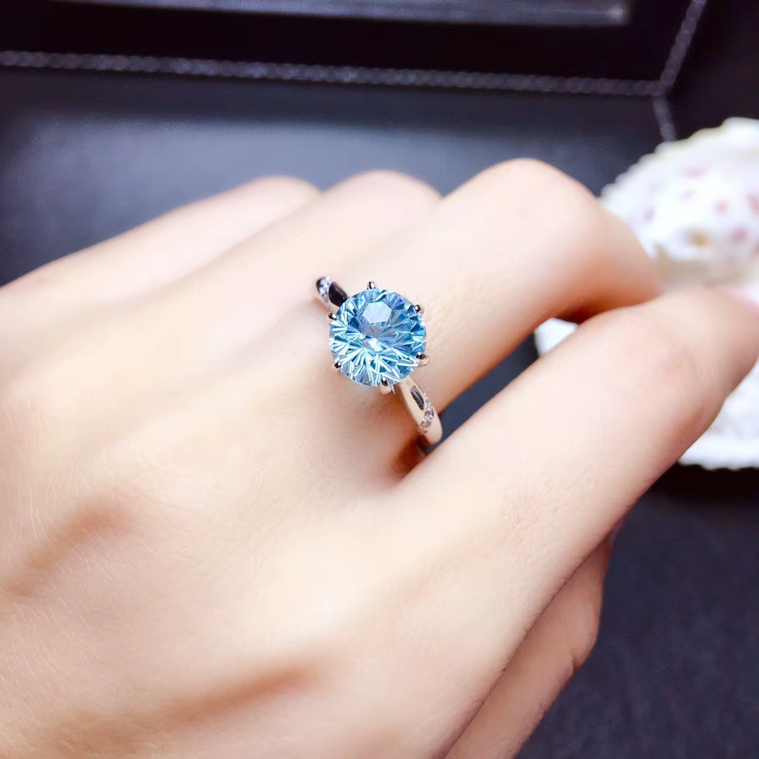 Bague en argent Sterling 925 avec topaze bleue, Super Flash, 2 carats, Seiko, ouverte, promesse de f