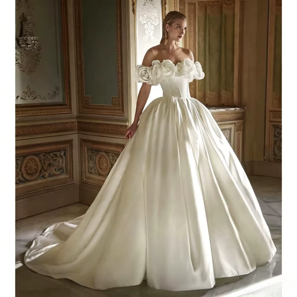 Robe de mariée personnalisée, magnifique, style princesse, coupe trapèze, épaules dénudées, à volant