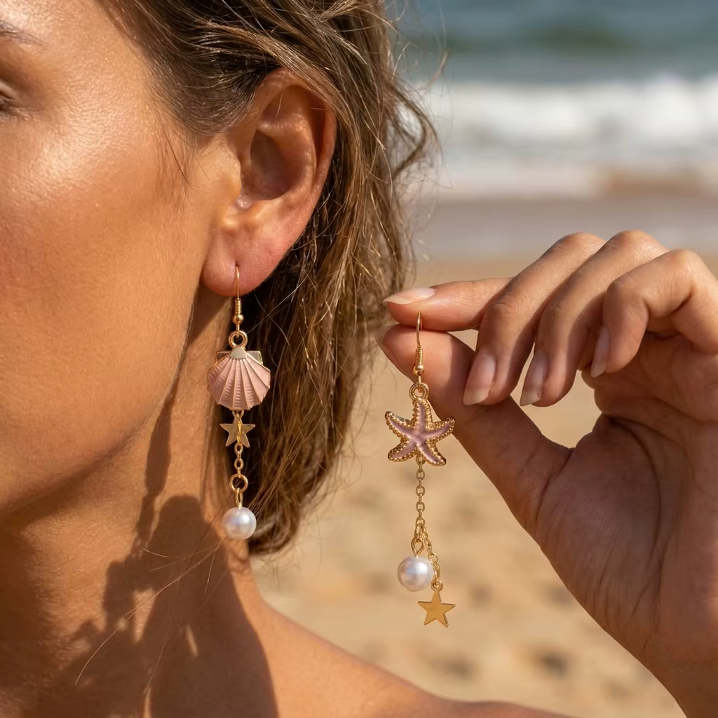 1 Paire de Boucles d'Oreilles Élégantes Françaises Asymétriques avec Pendentif Étoile Coquillage, Bi