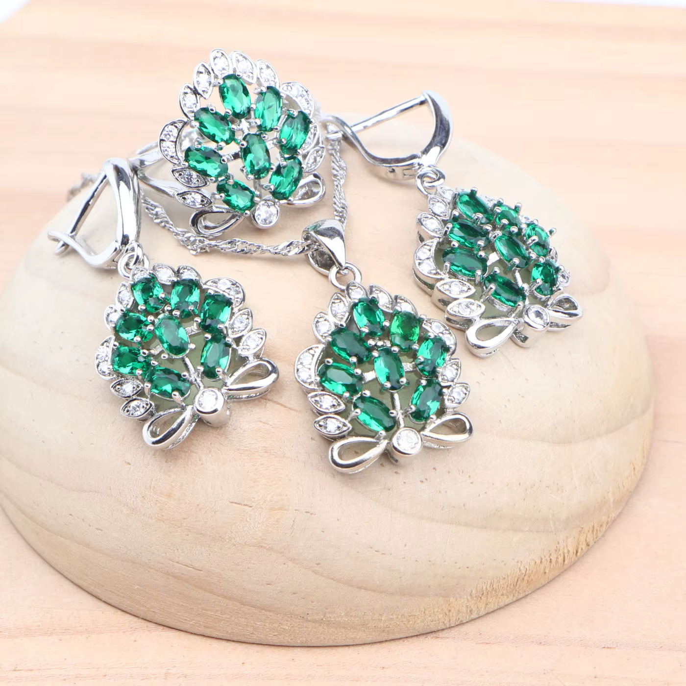 Parure de bijoux de mariée en argent 925 pour femme, avec zircone verte, comprenant boucles d'oreill