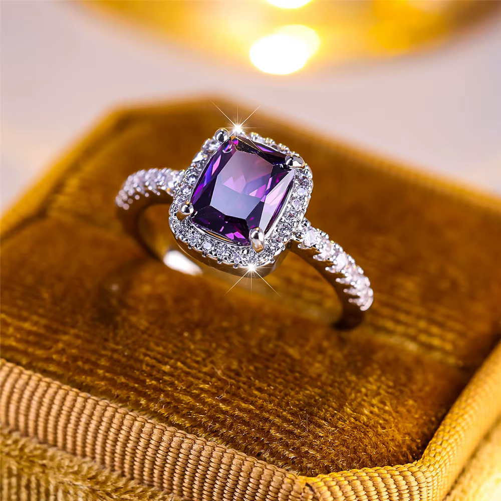 Bague de fiançailles de luxe en pierre de Zircon violet pour femmes, breloque couleur argent, bijoux