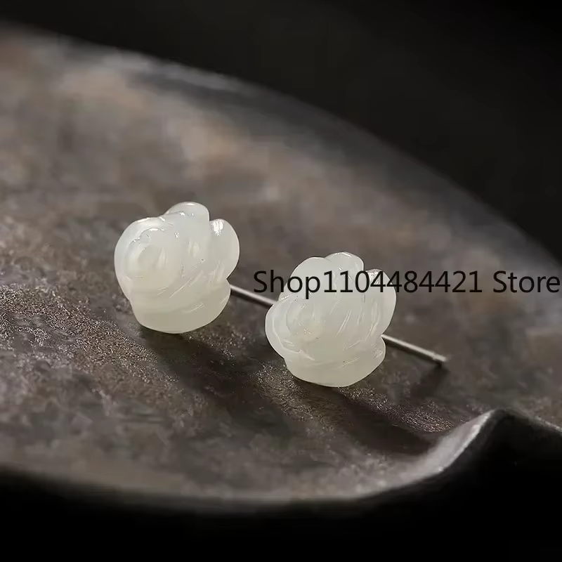 Boucles d'oreilles en forme de Rose de Jade vert véritable naturel, clous d'oreilles en argent Sterl
