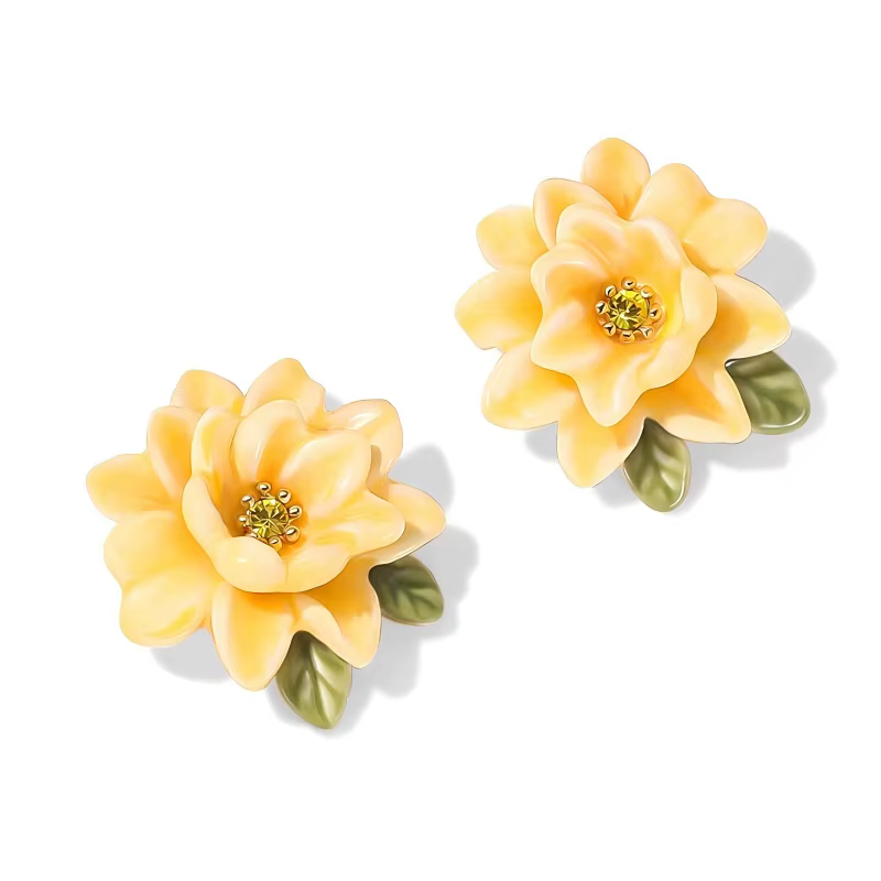 Parure de bijoux plaqué or jaune gardénia émail raisin juteux, collier floral, boucles d'oreilles, b