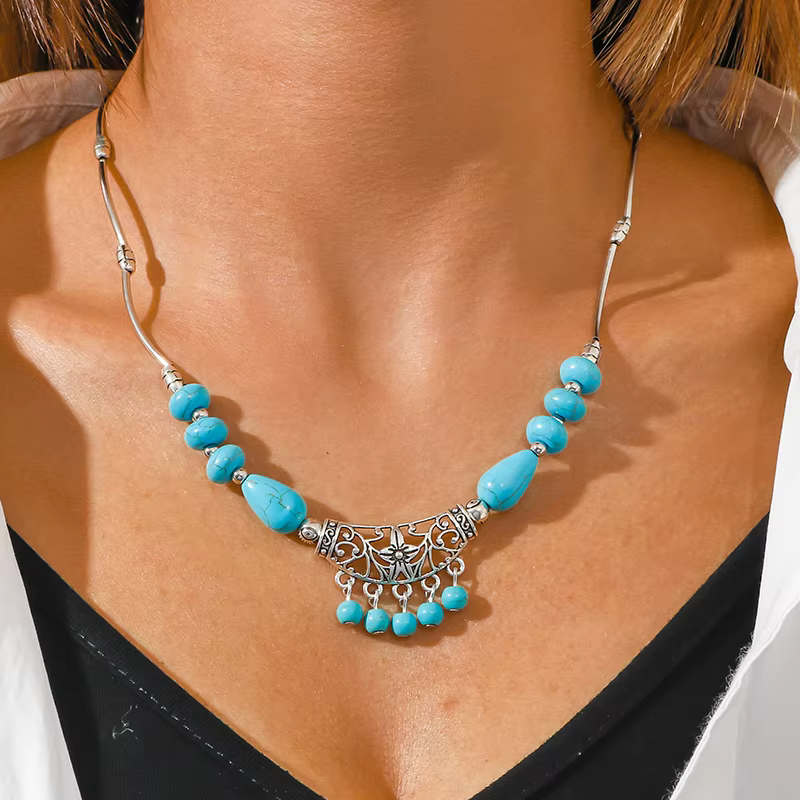 Collier ethnique Turquoise Vintage pour femmes et filles, pendentifs éléphant, chaîne, bijoux faits 