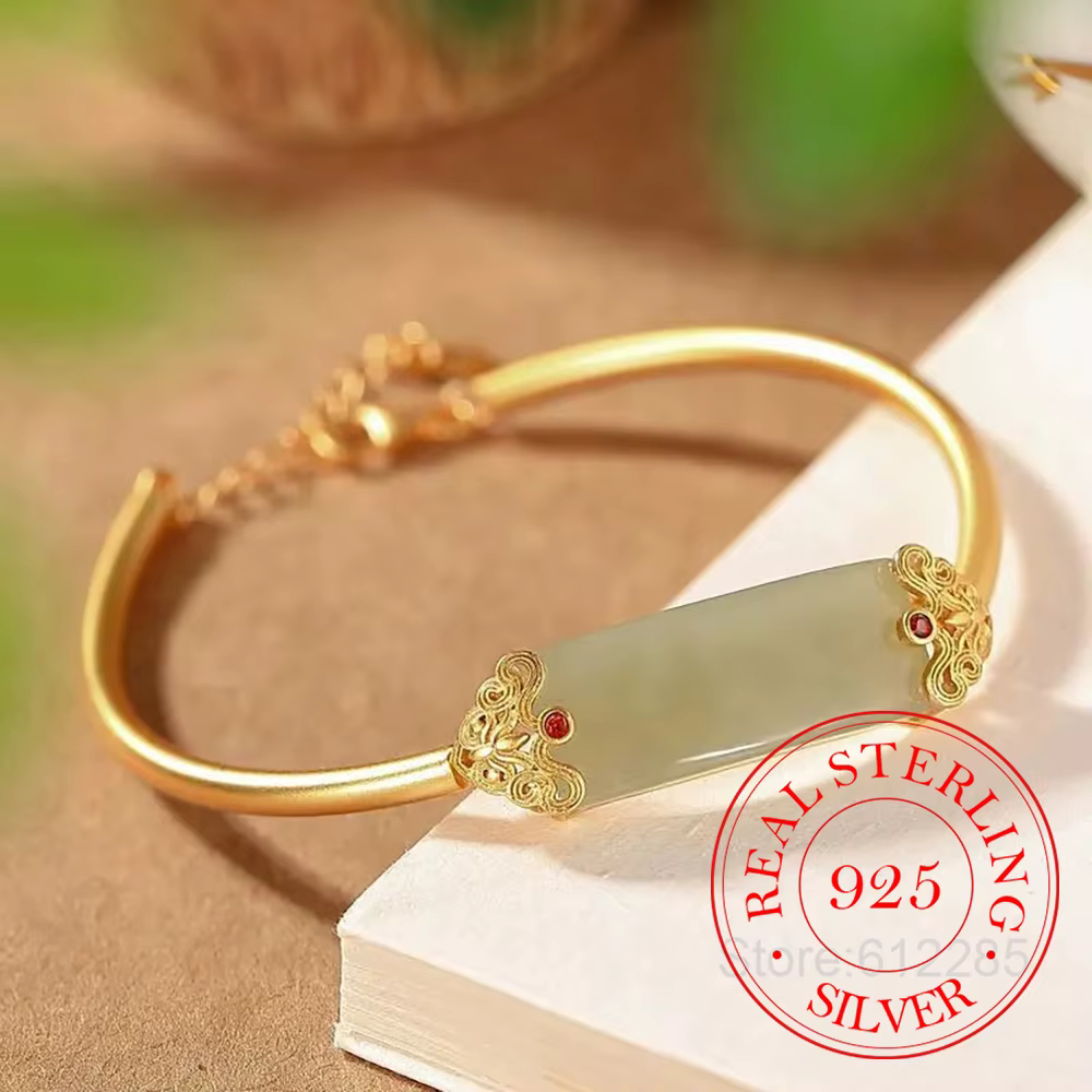 Bracelet jonc en argent sterling 925 plaqué or 18 carats avec motif creux en jade naturel pour femme