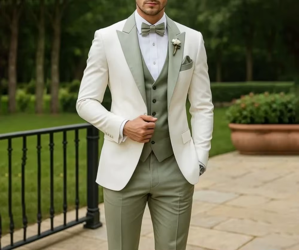 Ensemble de 3 pièces de costume de mariage vert sauge pour marié – Blazer, gilet et pantalon élégant