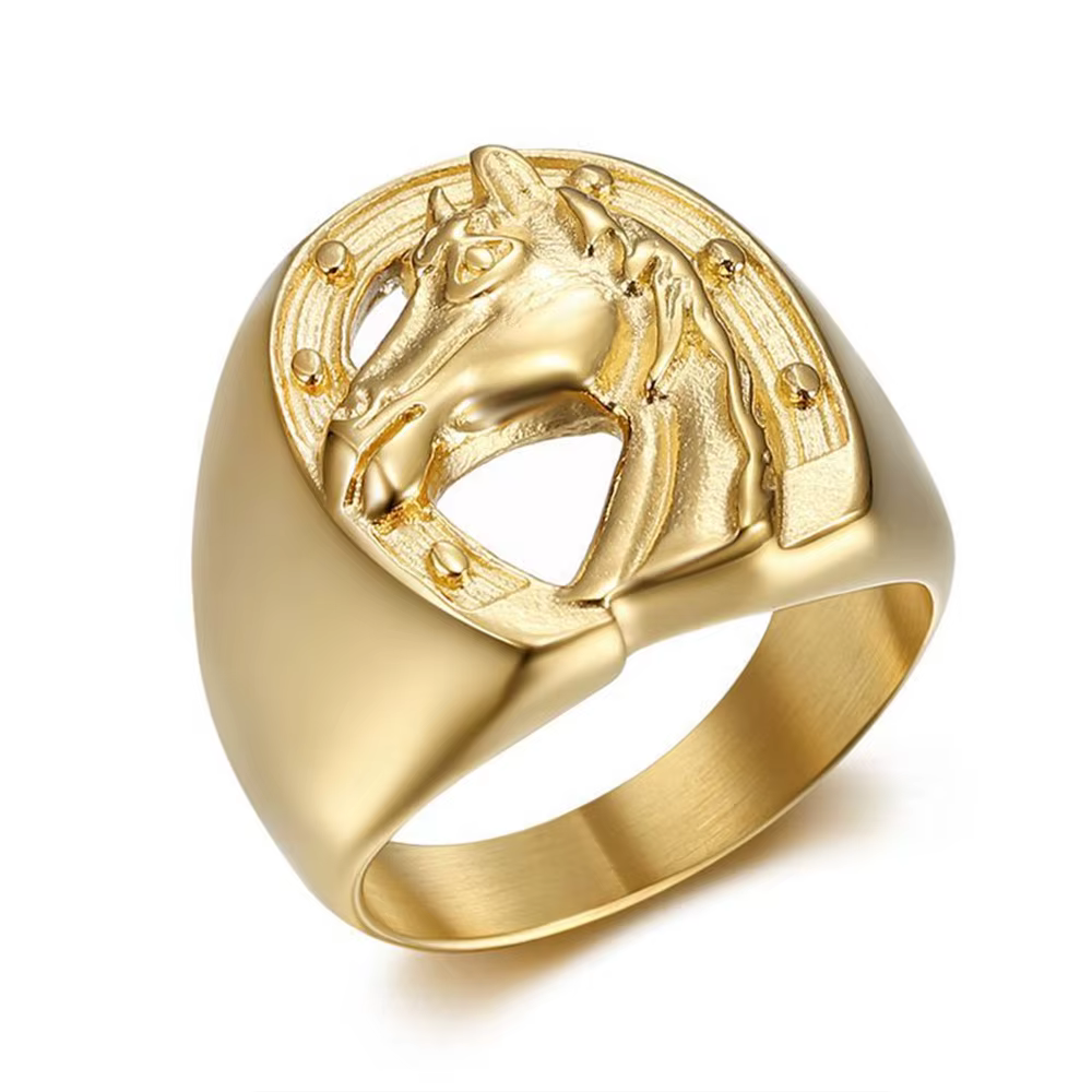 Bague Punk tête de cheval en fer à cheval pour hommes, couleur or, en acier inoxydable, gros animaux