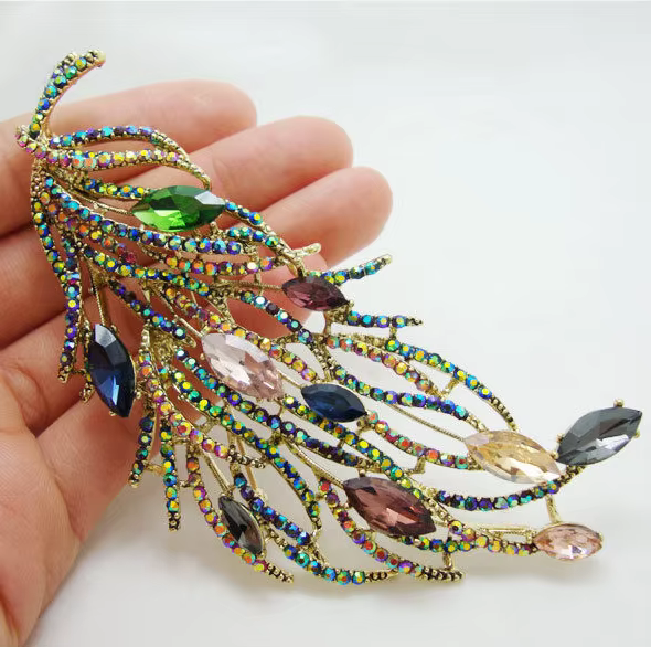 Broche longue en plumes pour femmes, Design de marque célèbre, luxueux, rétro, strass multicolores, 
